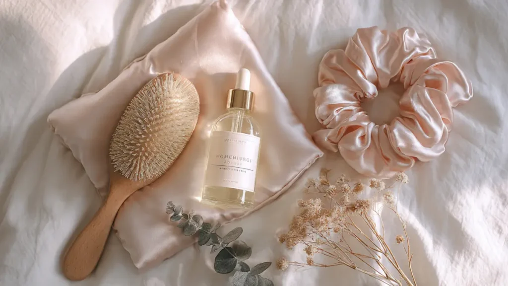 Kit de cuidados noturnos para cabelo com touca de cetim, óleo capilar e escova sobre fronha de seda