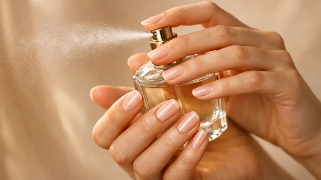 Mãos femininas com unhas naturalmente brilhantes segurando frasco de perfume demonstrando técnica de aplicação