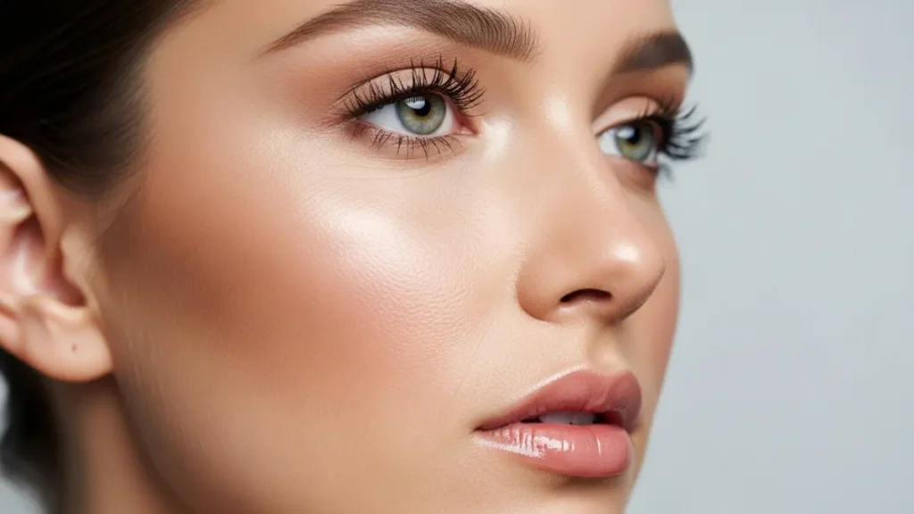 Close-up de rosto feminino mostrando pele radiante, cílios volumosos e contorno facial definido