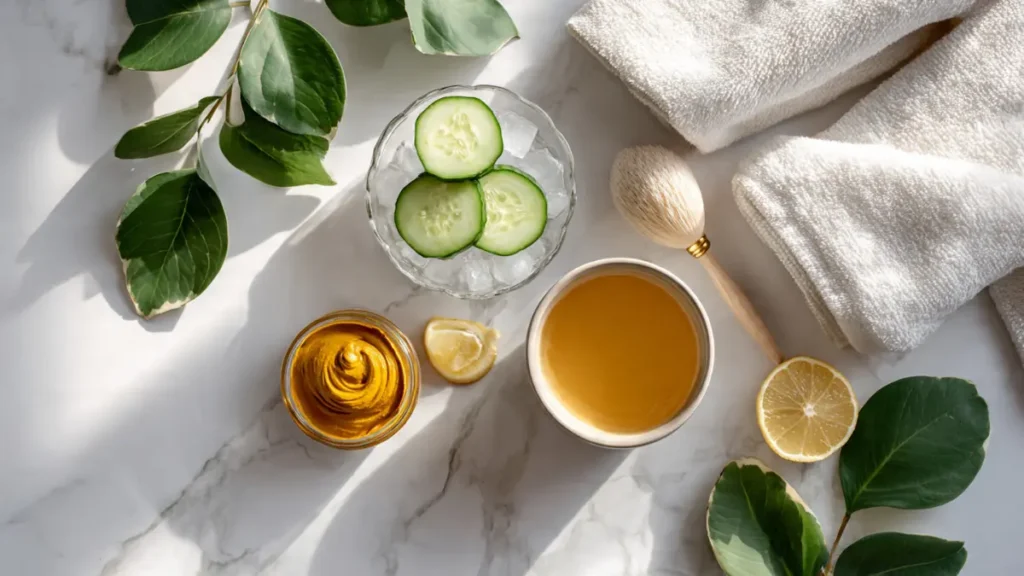 Ingredientes naturais para beleza incluindo pepino, cúrcuma, mel e água com limão dispostos em superfície de mármore