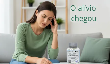 Uma mulher com enxaqueca e um pote de healthy dorevitta a sua frente