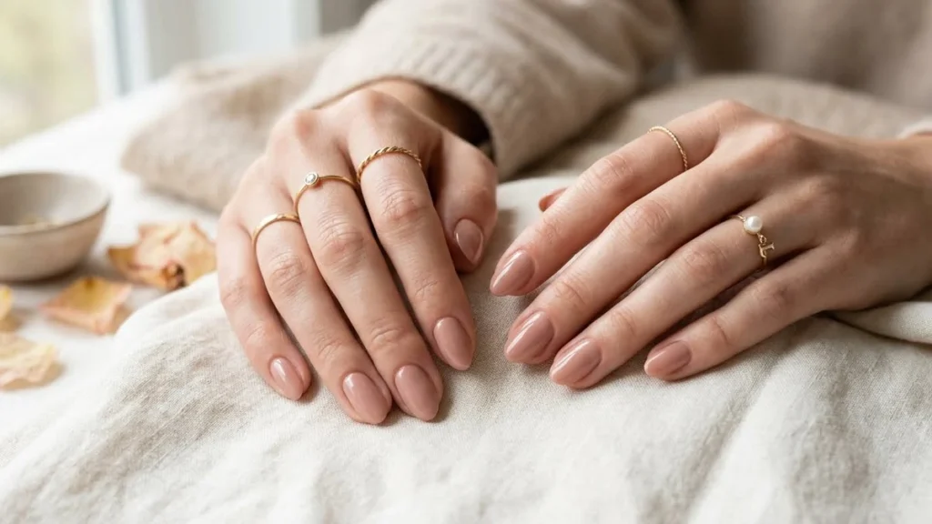Como ter unhas saudáveis - Mãos femininas com unhas bem cuidadas em tom nude, com anéis delicados