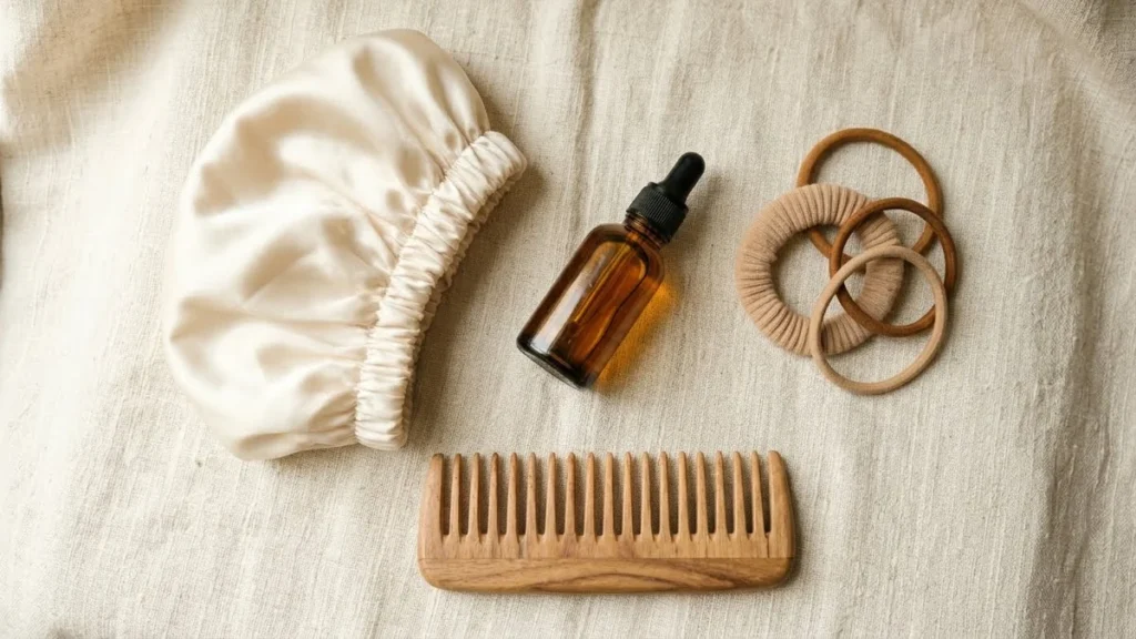 5 dicas de beleza que eu gostaria de ter descoberto antes 1 Produtos essenciais de cuidado com o cabelo: óleo capilar, touca de cetim e pente de madeira em flat lay