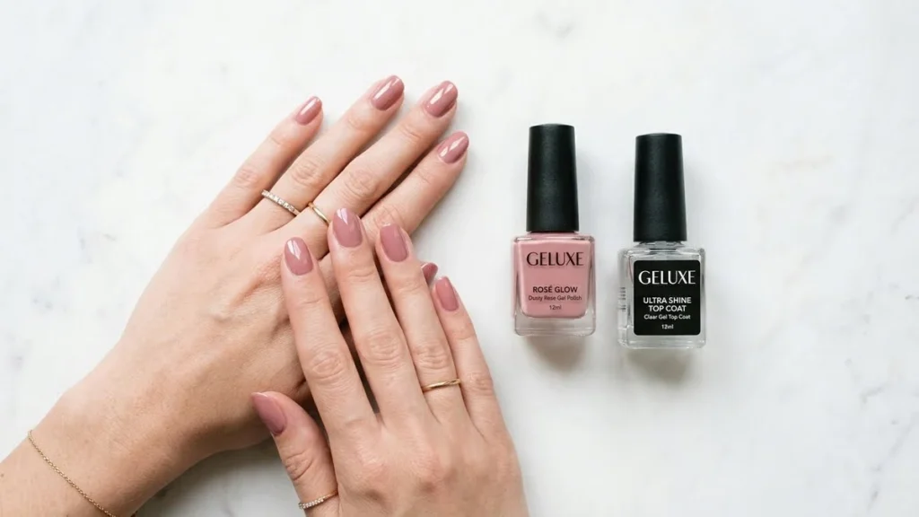 Esmaltes em gel dispostos ao lado de mãos com esmaltação nude rosé finalizada Title: Esmalte em gel: como aplicar corretamente