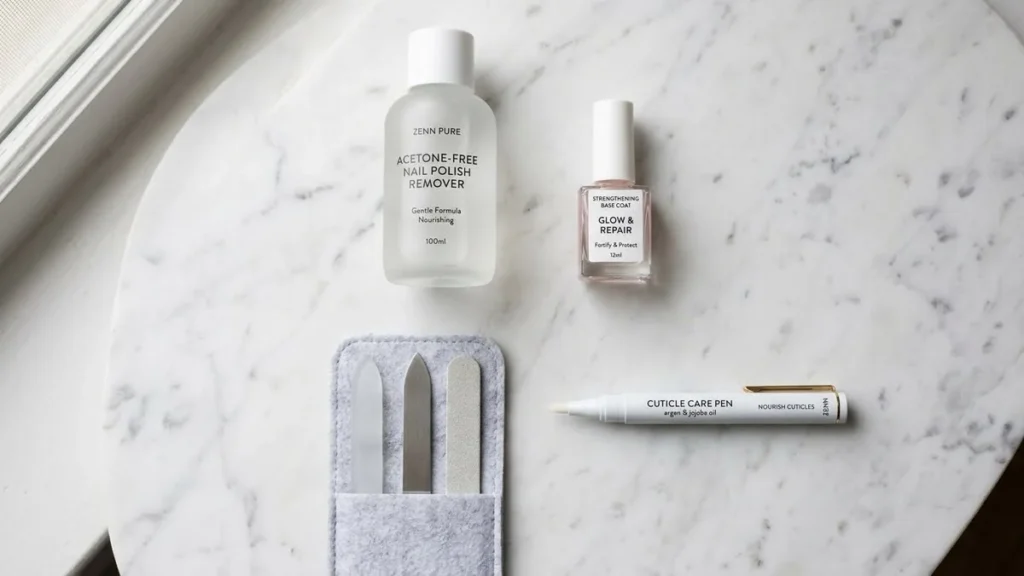 Como ter unhas saudáveis, produtos de cuidado com unhas: removedor sem acetona, lixa, caneta de cutícula e base fortalecedora Title: Produtos essenciais para unhas fortes